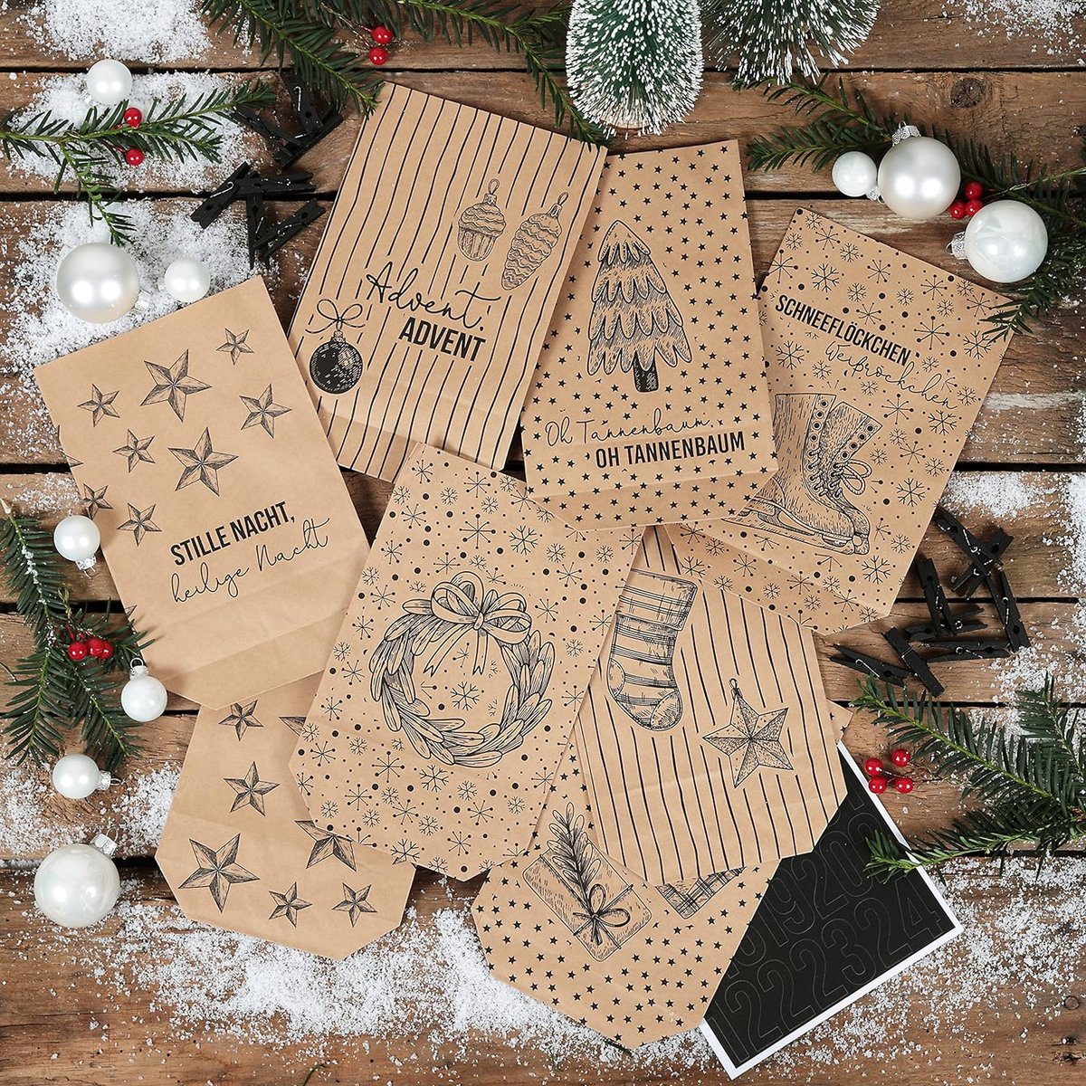 HAUSPROFI Sac Calendrier de l'Avent Noël, 24 Calendrier de l'Avent Vide à Remplir Sachet en Kraft DIY avec Clip/Autocollants - Chiffre