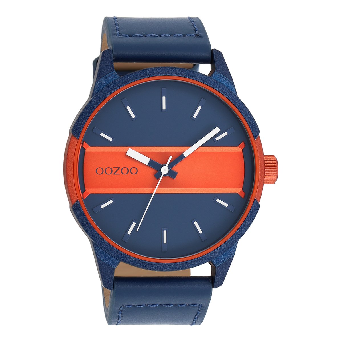 OOZOO Timepieces - Blauw-fluo oranje OOZOO horloge met blauwe leren band - C11232