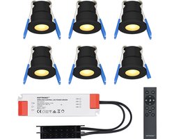 HOFTRONIC Milano - 6x Zwarte LED Inbouwspots - Traploos dimbaar met RF-afstandsbediening - Zwart - IP65 Waterdicht - 2700K Extra warm wit - 3W CREE LEDs 12V -Verandaverlichting - Plafondspotjes badkamer - Voor Veranda, Carport en Badkamer