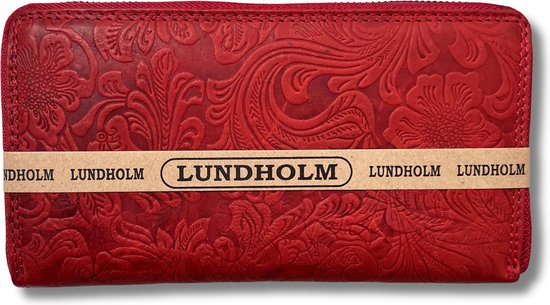 Lundholm portemonnee dames RFID met rits leer rood met bloemen patroon - luxe portefeuille dames met rits - ritsportemonnee dames leer - luxe uitgevoerd - cadeau voor vrouw