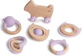 Silibaby – Bijtringen voor Baby's – Houten Speelgoed met Silicone – Bijtspeelgoed - Set van 6 - Paars