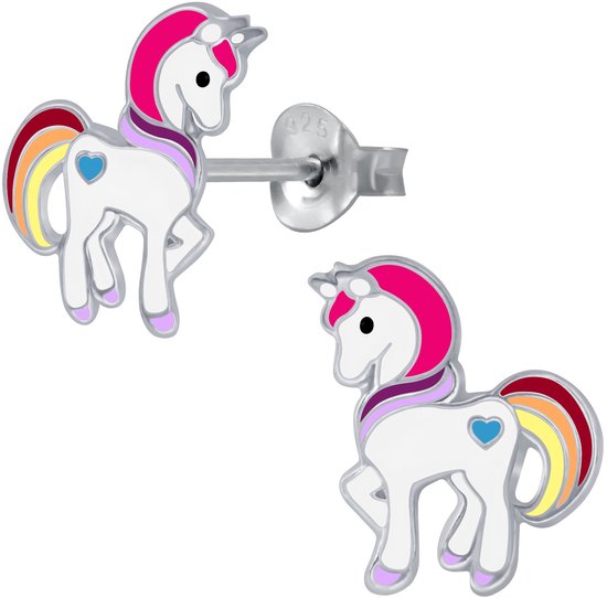 Joy|S - Zilveren eenhoorn oorbellen - pony oorknoppen - 10 x 13 mm - unicorn