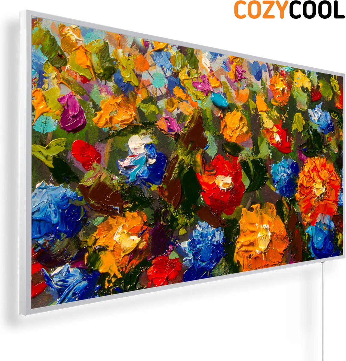 Infraroodpaneel met afbeelding | Abstract olieverfschilderij kleurrijke bloemen | 1200 Watt | Witte lijst | Infrarood verwarmingspaneel | Infrarood paneel | Infrarood verwarming