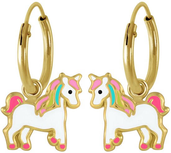 Joy|S - Zilveren paard bedel oorbellen - eenhoorn oorringen - unicorn multicolor - 14k goudplating