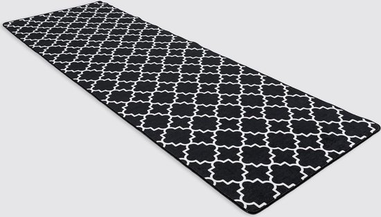 Miqna Vloerkleed voor de woonkamer, laagpolig, modern, geometrisch, antislip, voor de gang, tapijt, gel, loper, zwart en wit (zwart, 80 x 300 cm