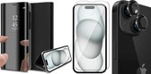 Hoesje geschikt voor iPhone 15 - Screenprotector GlassGuard & Camera Lens Screen Protector Zwart - Book Case Spiegel Zwart