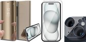 Hoesje geschikt voor iPhone 15 Plus - Screenprotector GlassGuard & Camera Lens Screen Protector - Book Case Spiegel Goud