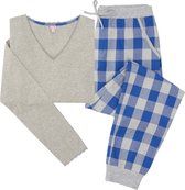 La-V pyjamaset voor dames met flanel joggingbroek en top met kant grijs/blauw XL