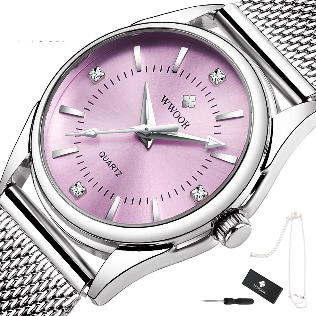 WWOOR - Horloge Dames - Cadeau voor Vrouw - 29 mm - Zilver Roze