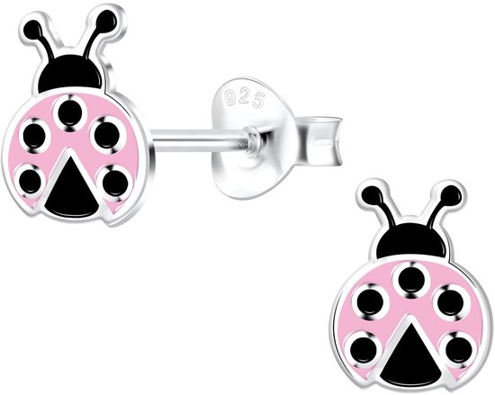 Joy|S - Zilveren lieveheersbeestje oorbellen - 6 x 8 mm - roze