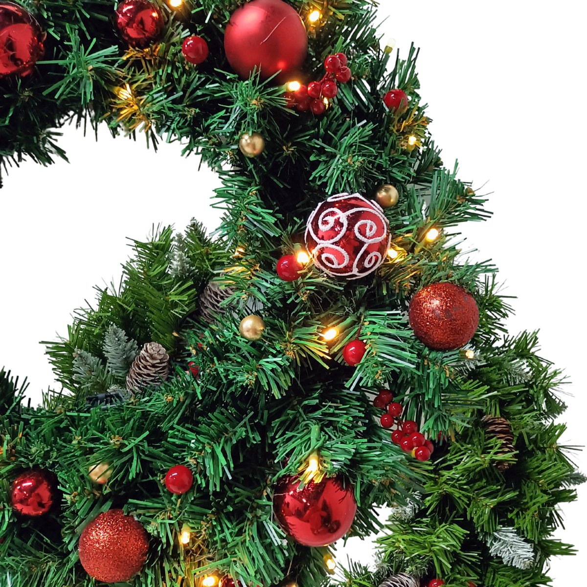 Buxibo PVC Kerstkrans met LED-verlichting, Dennenappels, Rode Bessen en Kerstballen - Met 50 lampjes op batterijbox - 180 takken - 60cm - – foto 5