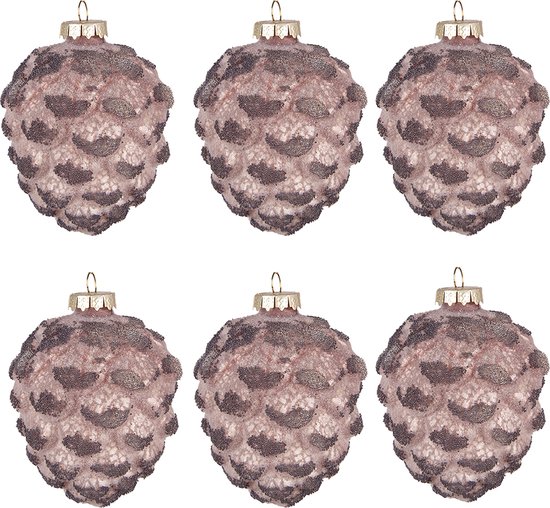 HAES DECO - Kerstballen Set van 6 Dennenappel - Formaat (6) Ø 8x10 cm - Kleur Roze - Materiaal Glas - Kerstversiering, Kerstdecoratie, Decoratie Hanger, Kerstboomversiering