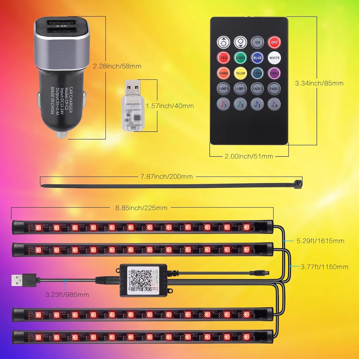 TABEN RGB auto voetruimte ambient verlichting kit APP control 16.7 miljoen kleuren van actieve muziek synchronisatie Autolader USB kabel, auto interieur voetruimte omgevingslicht DC 12V