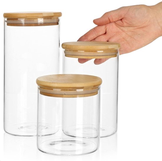 Nizirioo Voorraadpotten met deksel, set van 3, voorraaddozen glas met lepel, kruidenpotjes, houten deksel, glazen container met pen en etiketten, yoghurtglazen, opbergpotten keuken voor specerijen Nizirioo Voorraadpotten met deksel, set van 3, voorraaddozen glas met lepel, kruidenpotjes, houten deksel, glazen container met pen en etiketten, yoghurtglazen, opbergpotten keuken voor specerijen