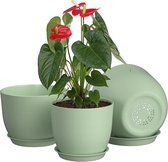 25/23/20 cm groene bloempot, plastic kruidenpot met drainagegaten en schoteltjes, een set van 3 plantenpotten voor binnen en buiten