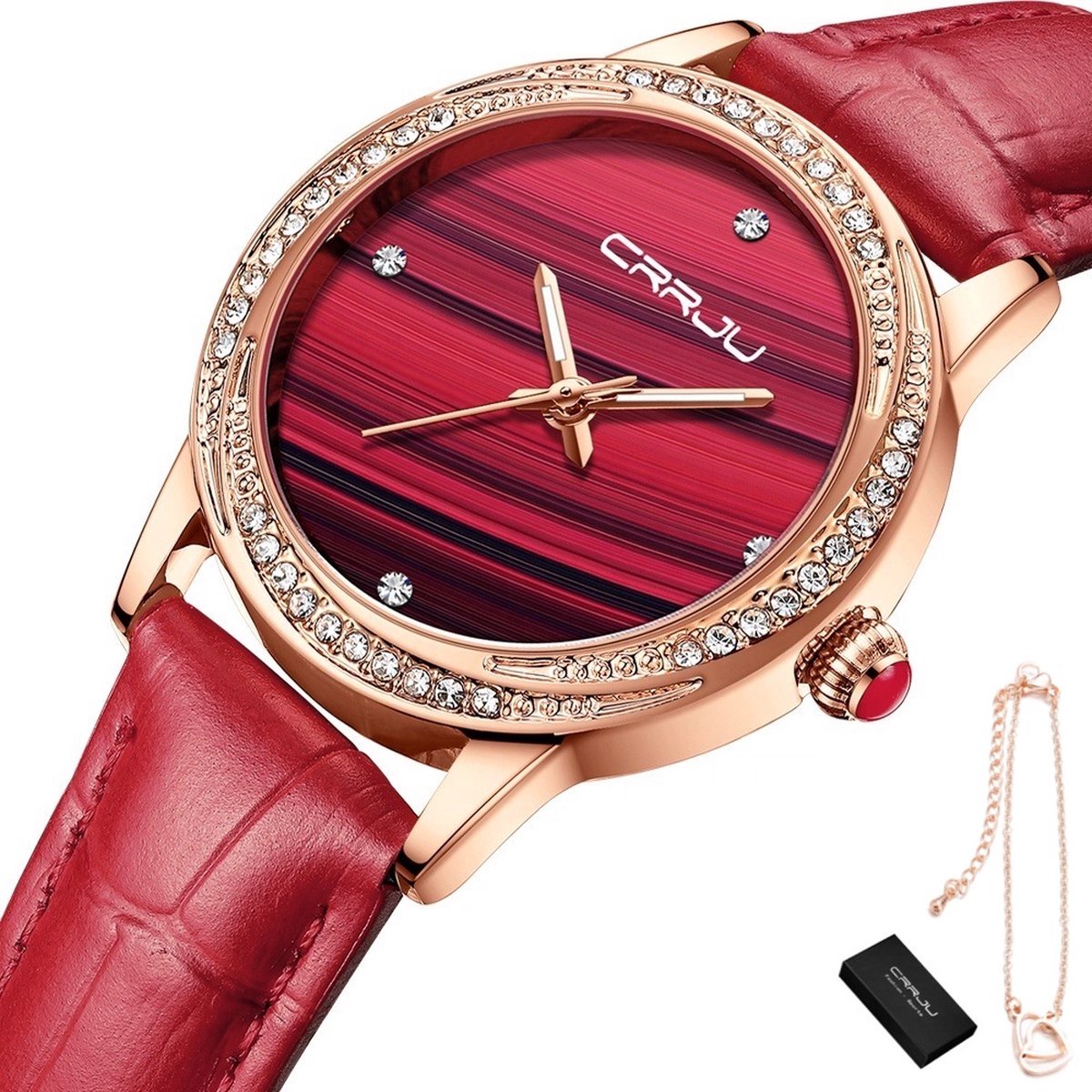 CRRJU® - Horloge Dames - Cadeau voor Vrouw - Incl. Armband - 32 mm - Rood Rosé