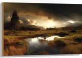 Hout - Landschap - Gras - Bomen - Wolken - Water - 90x60 cm - 9 mm dik - Foto op Hout (Met Ophangsysteem)