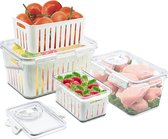 Set van 3 koelkastgroenten- en fruitbewaarpotten met deksel en zeef, voedselopslagcontainers voor koelkast met tijdschaalinstelling, gebruikt voor de opslag van fruitgroenten