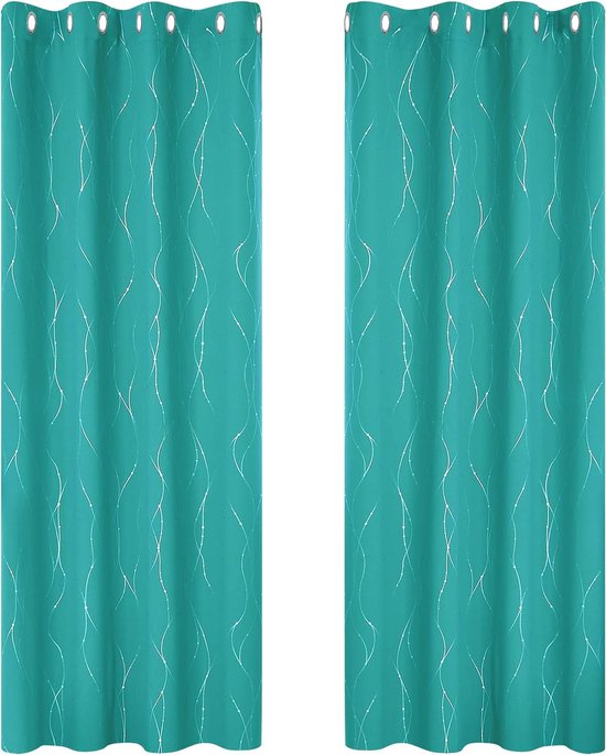 Set van 2 thermische verduisteringsgordijnen met zilveren patroon, gordijnen voor slaapkamer, meisjes, oogjes, 140 x 175 cm, turquoise