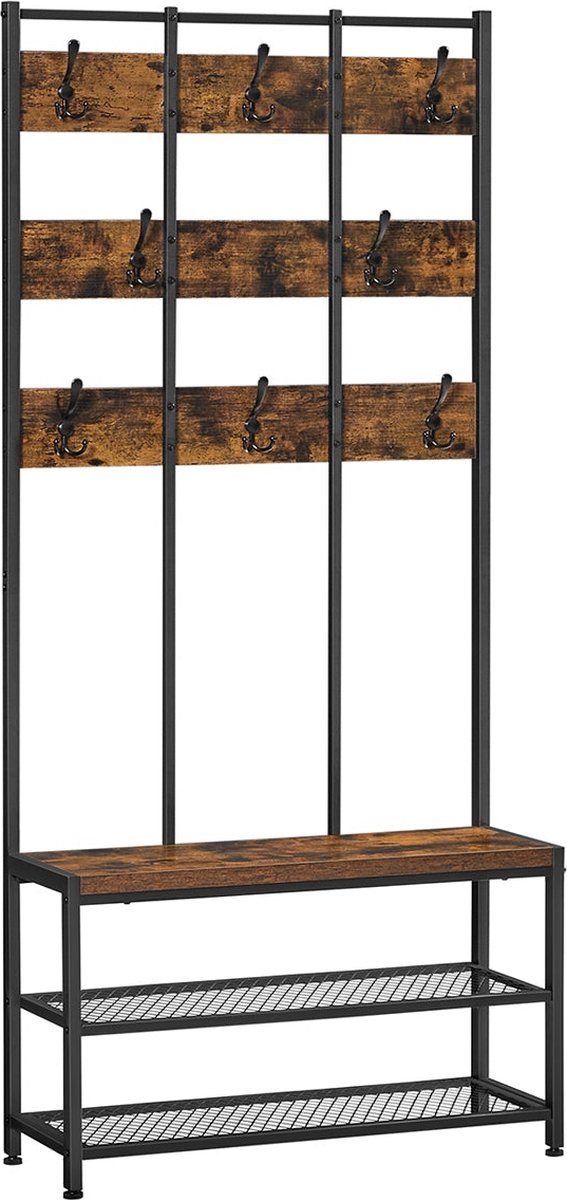 Kapstok - in vintage bruin en zwart - Met 8 haken - Stalen frame