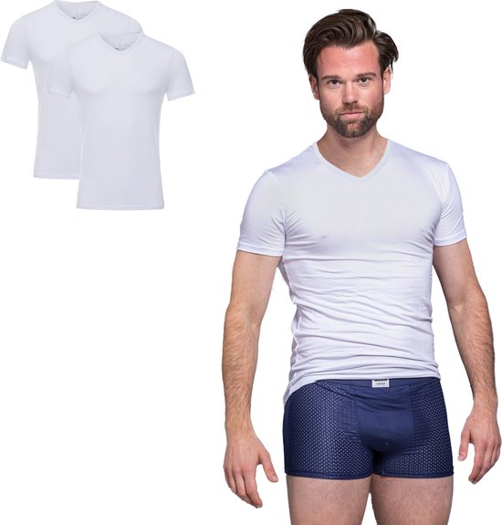 BOXR Underwear - Bamboe T-Shirt Heren - V-Hals - Wit - Zijdezacht - Thermo Control - Ondershirt Heren - 2-Pack