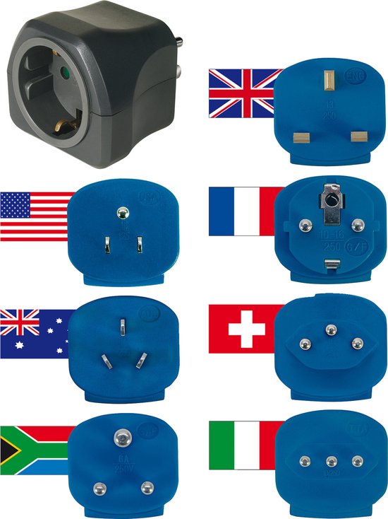 Brennenstuhl reisstekkerset, stekkeradapter (met verschillende opzetstukken voor meer dan 150 landen, 7 x stekkerinzetstukken), zwart