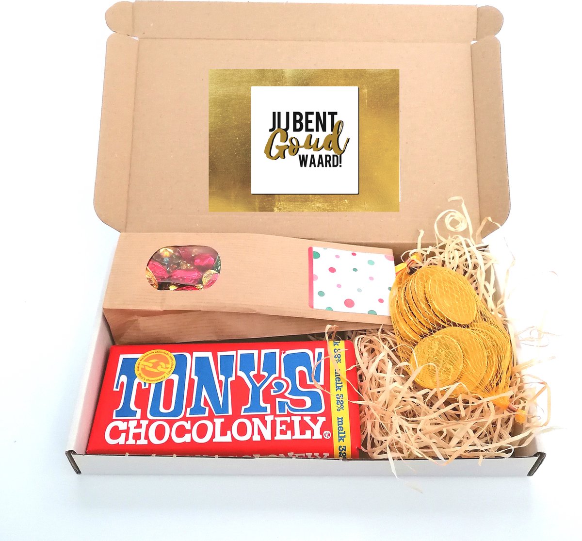 Jij bent goud waard - brievenbus pakket - cadeau pakketje - chocolademunten - zakje zuurtjes - Tony chocolonely - Lekker & Zoet