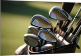 Dibond - Golf Clubs in Trolley op Golfbaan - 150x100 cm Foto op Aluminium (Met Ophangsysteem)