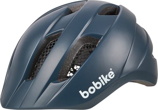 Donkerblauwe Bobike helm met ventilatieopeningen en witte Bobike-logo.