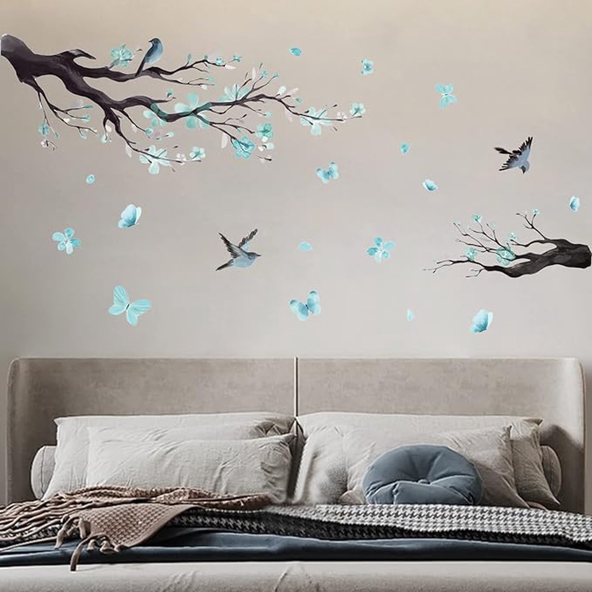Muursticker fleurs bleues sticker mural branches oiseaux papillon