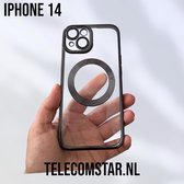 Apple iPhone 14 Magnetisch Hoesje Met Lensbeschermer - Magsafe - Magneet Case Met Ring en camera cover transparant met gekleurde rand - zwart