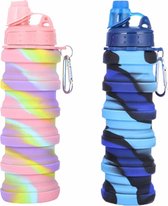 Waterfles 500ML - Drinkfles - 2 Stuks - Roze & Blauw - Opvouwbaar - 100% BPA - 100% Lekvrij - Granaat Vorm - Flexibel Siliconen materialen
