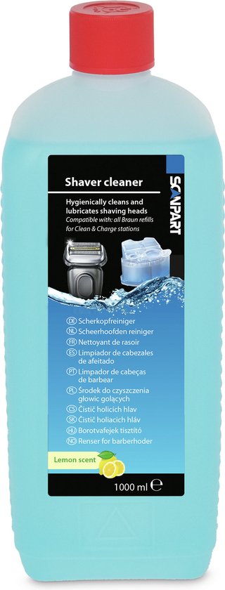 Foto: Scanpart scheerhoofdenreiniger 1 liter scheerkopreiniger reinigingsvloeistof navulvloeistof reinigingspatronen shaver cleaner geschikt voor braun ccr cartridges clean charge clean renew citroengeur alternatief