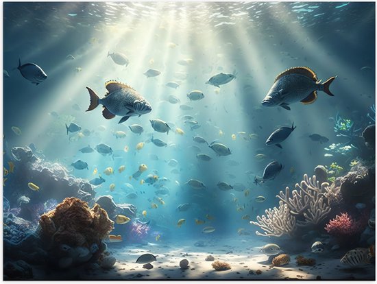Poster (Mat) - Groep Tropische Vissen in de Heldere Zee - 40x30 cm Foto op Posterpapier met een Matte look
