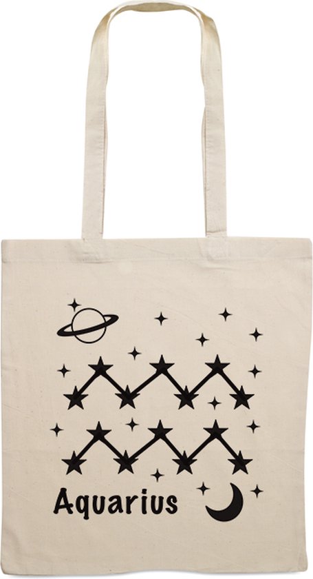 Naturellen stoffen tas met 'Aquarius' en sterrenbeeld design. Met planeet en maan.