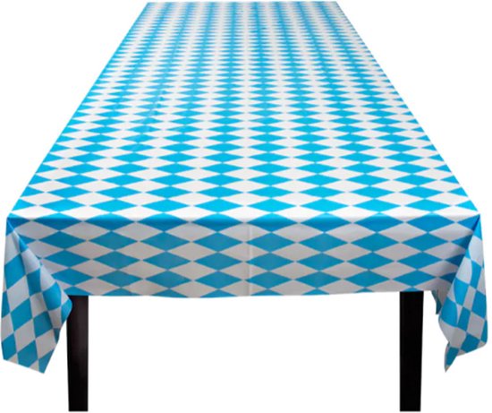 Blauw-wit geruit tafelkleed over een tafel, 130x180cm.