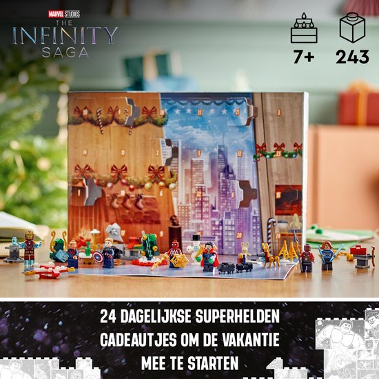 LEGO Marvel Avengers Adventskalender met 24 dagelijkse cadeautjes, figuren en winterse stad.