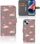 Hoesje met naam Geschikt voor iPhone 15 Plus Wallet Book Case Flamingo