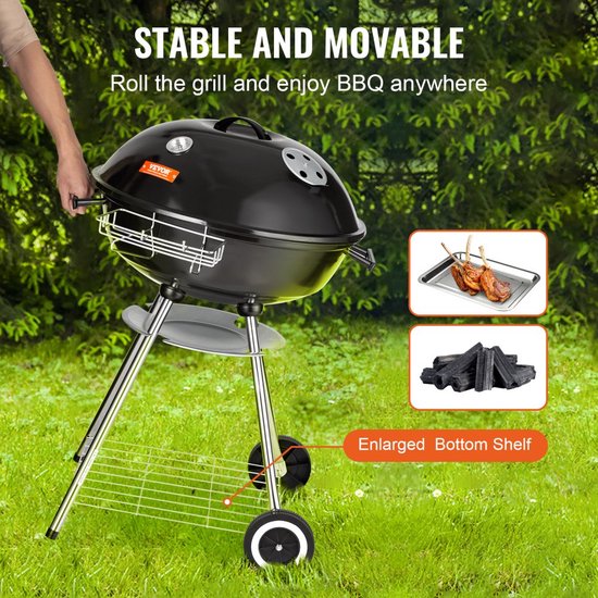Kettle houtskoolgrill kogelgrill 56 cm draagbaar, barbecue kogelgrill met deksel, heerlijke BBQ, picknickgrill met groot grilloppervlak, houtskool, zwart, 63 x 82 x 88 cm houtskool ronde grill reizen — afbeelding 3