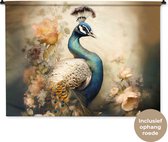 Wandkleed - Wanddoek - Pauw - Pauwenveren - Bloemen - Vogels - Botanisch - 150x112 cm - Wandtapijt