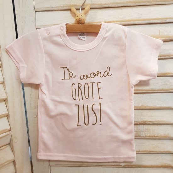 Shirt Ik word grote zus | korte mouw T-Shirt | roze met goud | maat 104 |big sis sister zwangerschap aankondiging bekendmaking big sis sister