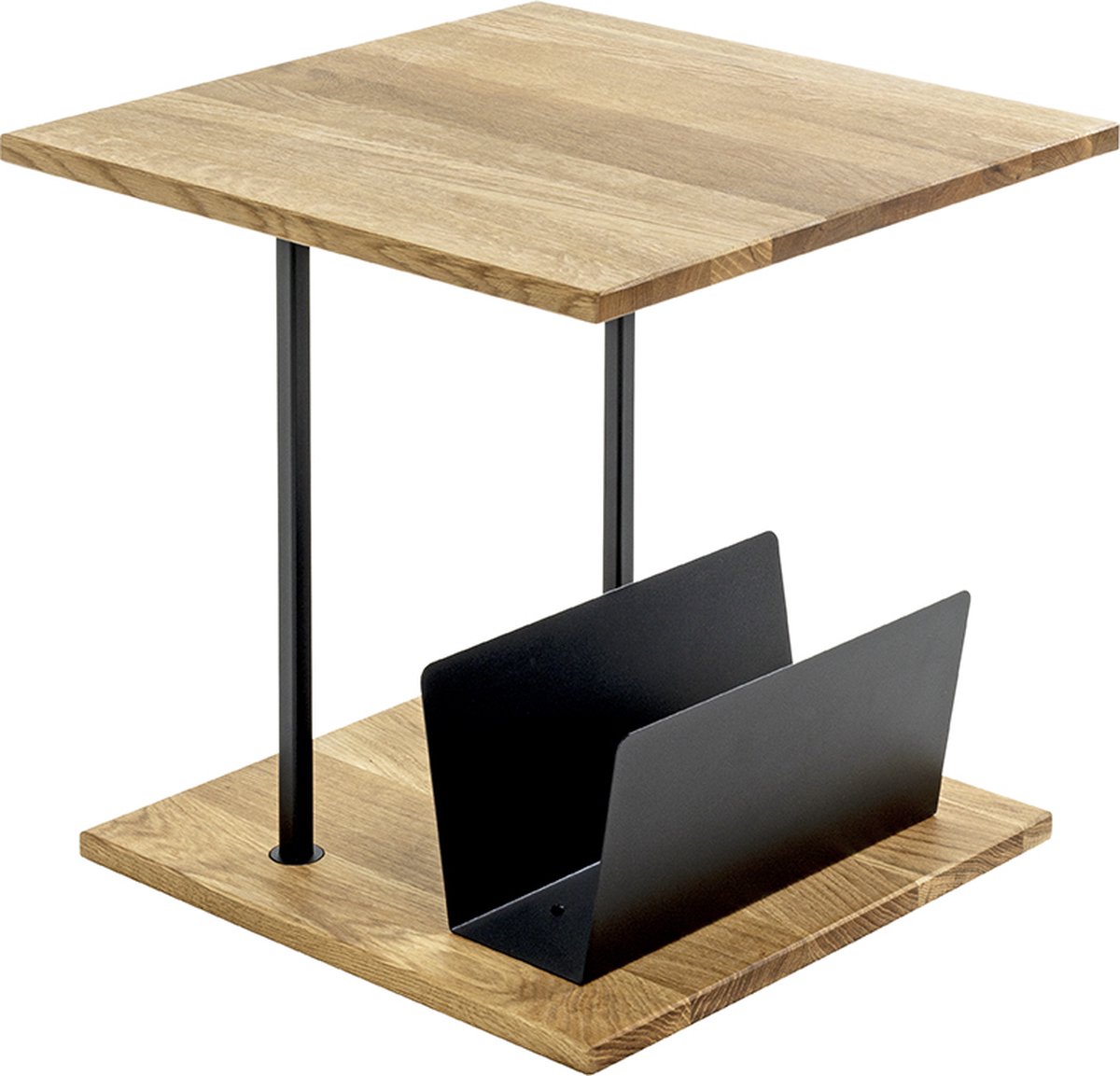 Bijzettafel – Massief eiken met lectuurbak – Zwart staal – 45 cm breed, 45 cm diep, 45 cm hoog – Industrieel design