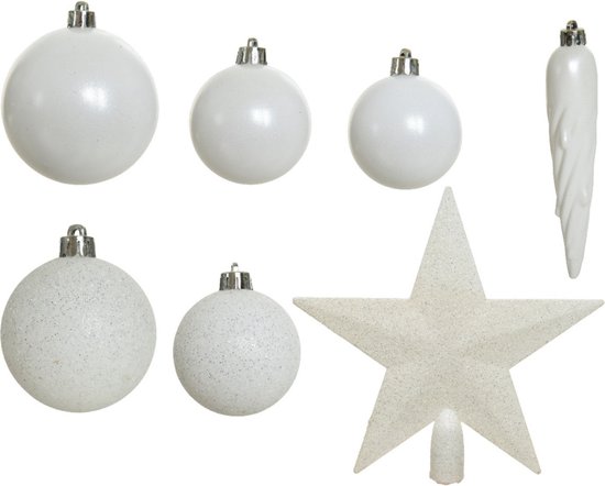 Décorations de Noël de Noël boules de Noël en plastique et pendentifs étoiles blanc hiver 5-6-8 cm paquet 39x pièces - Avec pic en forme d'étoile 19 cm