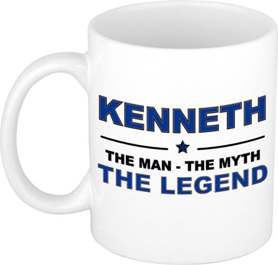 Witte mok met blauwe tekst 'KENNETH THE MAN - THE MYTH - THE LEGEND'.