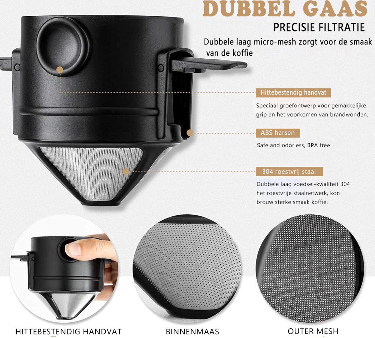 Koffiefilter - Koffiefilterhouder Set van 2 - RVS - Permanent Koffiefilter-herbruikbaar - geen filterpapier nodig - voor het kamperen thuis kantoor reizen - Zwart & Wit — cadeau in Kookcadeaus - foto 2