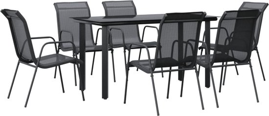 Zwarte tuintafel met zes zwarte tuinstoelen eromheen, zijaanzicht.