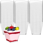 60 stuks mini-dessertbekers, dessertbekers, 100 ml, plastic vierkante dessertbekers, transparant, herbruikbaar, serveerschaal voor dessert, pudding, mousse, party (5,5 x 5,7 cm)