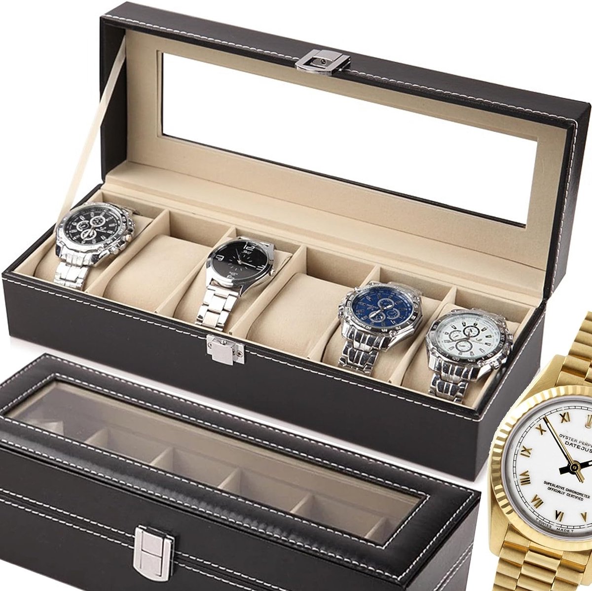 Horlogedoos voor 6 horloges, horlogedoos met vakken, horlogekussen van fluweel, opbergdoos, van PU-leer, horlogedoos, horlogedoos, horlogekoffer met grote vakken en helder deksel, 30 x 11 x 8 cm