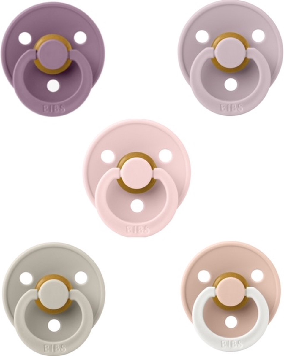 Goedkoopste Bibs fopspenen 6-18 maand set 5 stuks Mauve,Dusky Lilac,Blush,Sand en Blush Night Glow maat 2