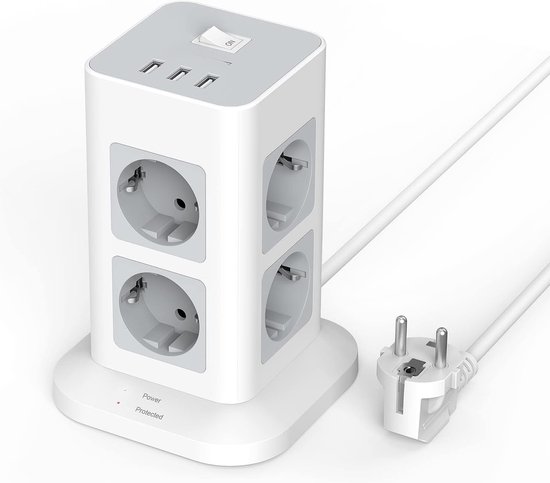 Intelectro Stekkertoren - Krachtig, Veilig en Stijlvol - 8 Stopcontacten en 3 USB Poorten - 3600W - Overspanningsbeveiliging - Compact Design - 2m Lange Snoer - Makkelijk in Gebruik - Wit - Levering Sneller dan Aangegeven!